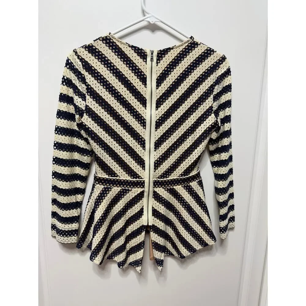 BCBGMAXAZRIA Franseen chevron lace peplum top long sleeves flare hem Small